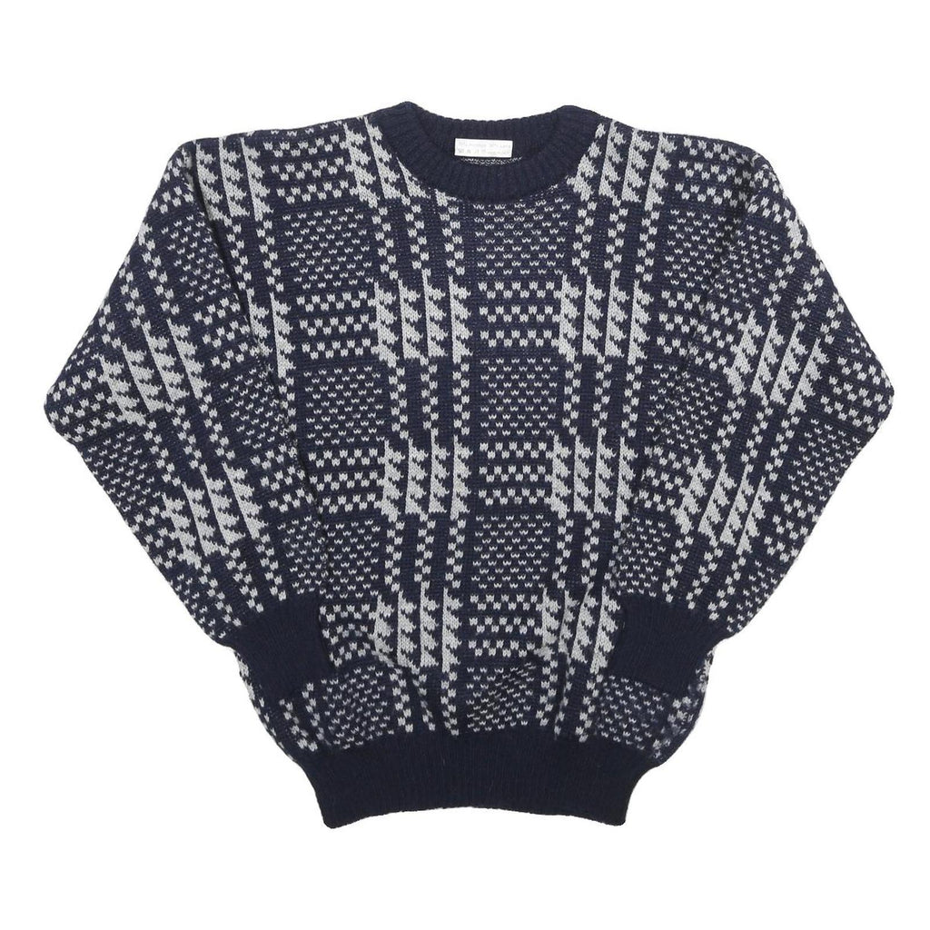 Mens Navy Blue & Grey Patterned Wool Blend Jumper Crew Neck Basic Knit M