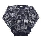 Mens Navy Blue & Grey Patterned Wool Blend Jumper Crew Neck Basic Knit M