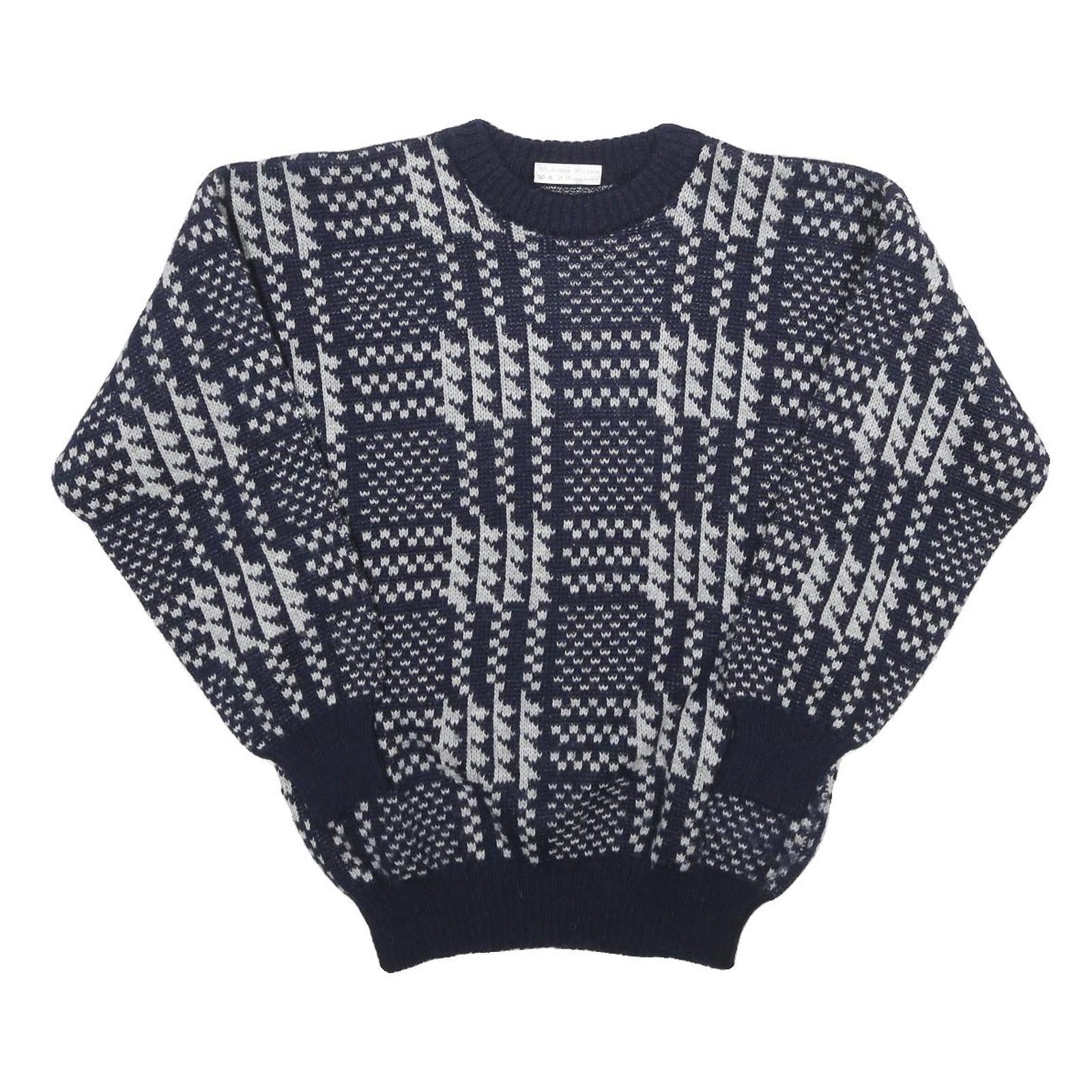 Mens Navy Blue & Grey Patterned Wool Blend Jumper Crew Neck Basic Knit M