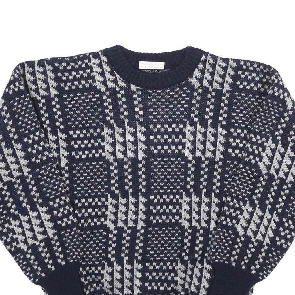 Mens Navy Blue & Grey Patterned Wool Blend Jumper Crew Neck Basic Knit M