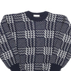 Mens Navy Blue & Grey Patterned Wool Blend Jumper Crew Neck Basic Knit M