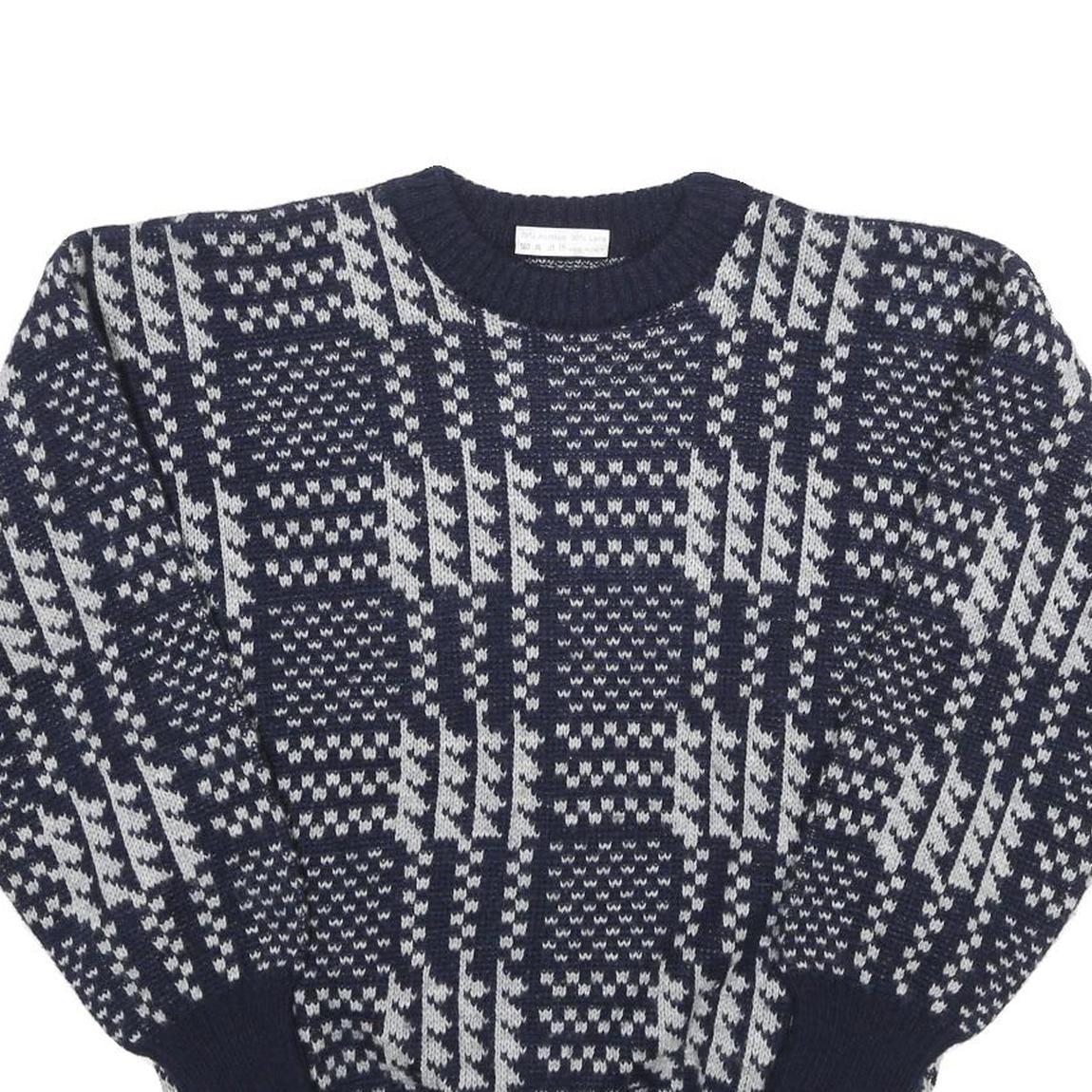 Mens Navy Blue & Grey Patterned Wool Blend Jumper Crew Neck Basic Knit M