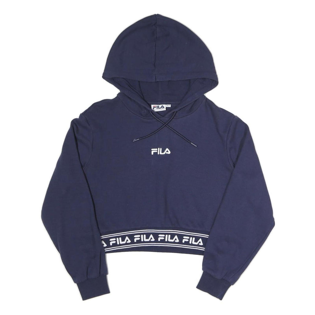 FILA Womens Navy Blue Hoodie UK 12 Cropped Logo Embroidered Sweatshirt