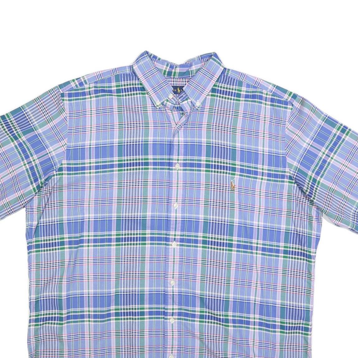 RALPH LAUREN Mens Blue Green Check Shirt XL Cotton Blend Button-Down Short