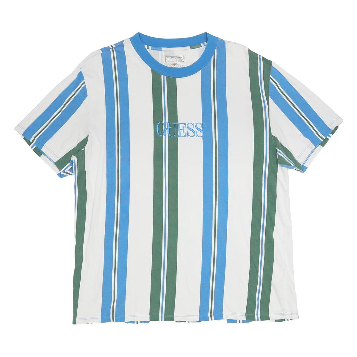 GUESS Mens Blue & Green Striped Graphic T-Shirt M Short Sleeve Crew Neck Casual