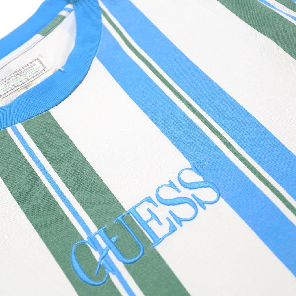 GUESS Mens Blue & Green Striped Graphic T-Shirt M Short Sleeve Crew Neck Casual