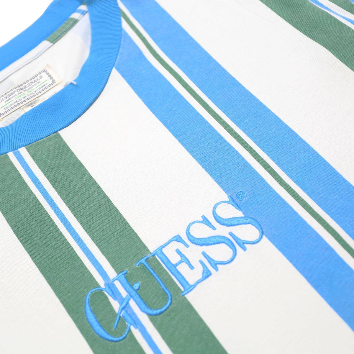 GUESS Mens Blue & Green Striped Graphic T-Shirt M Short Sleeve Crew Neck Casual