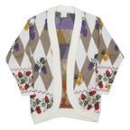 Womens Beige & White Floral Argyle Open Front Acrylic Jumper L Knitted Cardigan