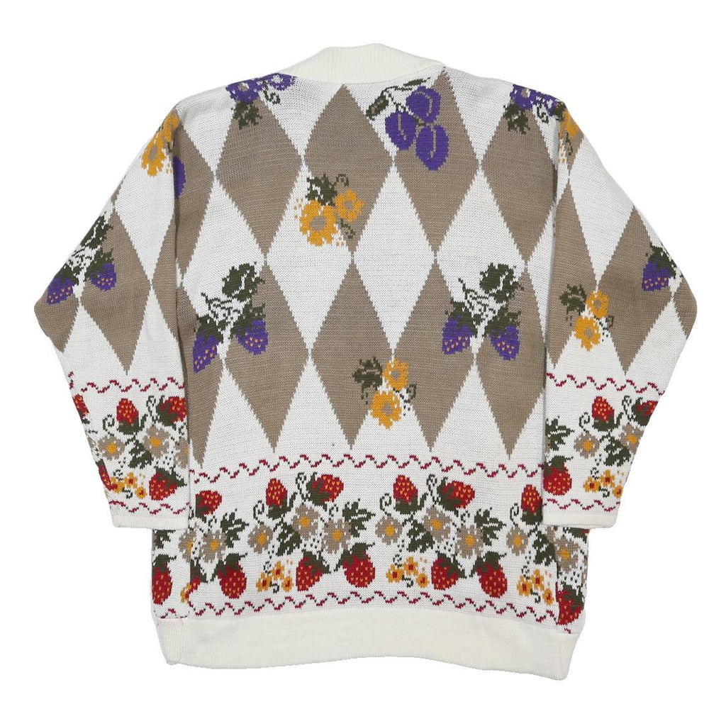 Womens Beige & White Floral Argyle Open Front Acrylic Jumper L Knitted Cardigan