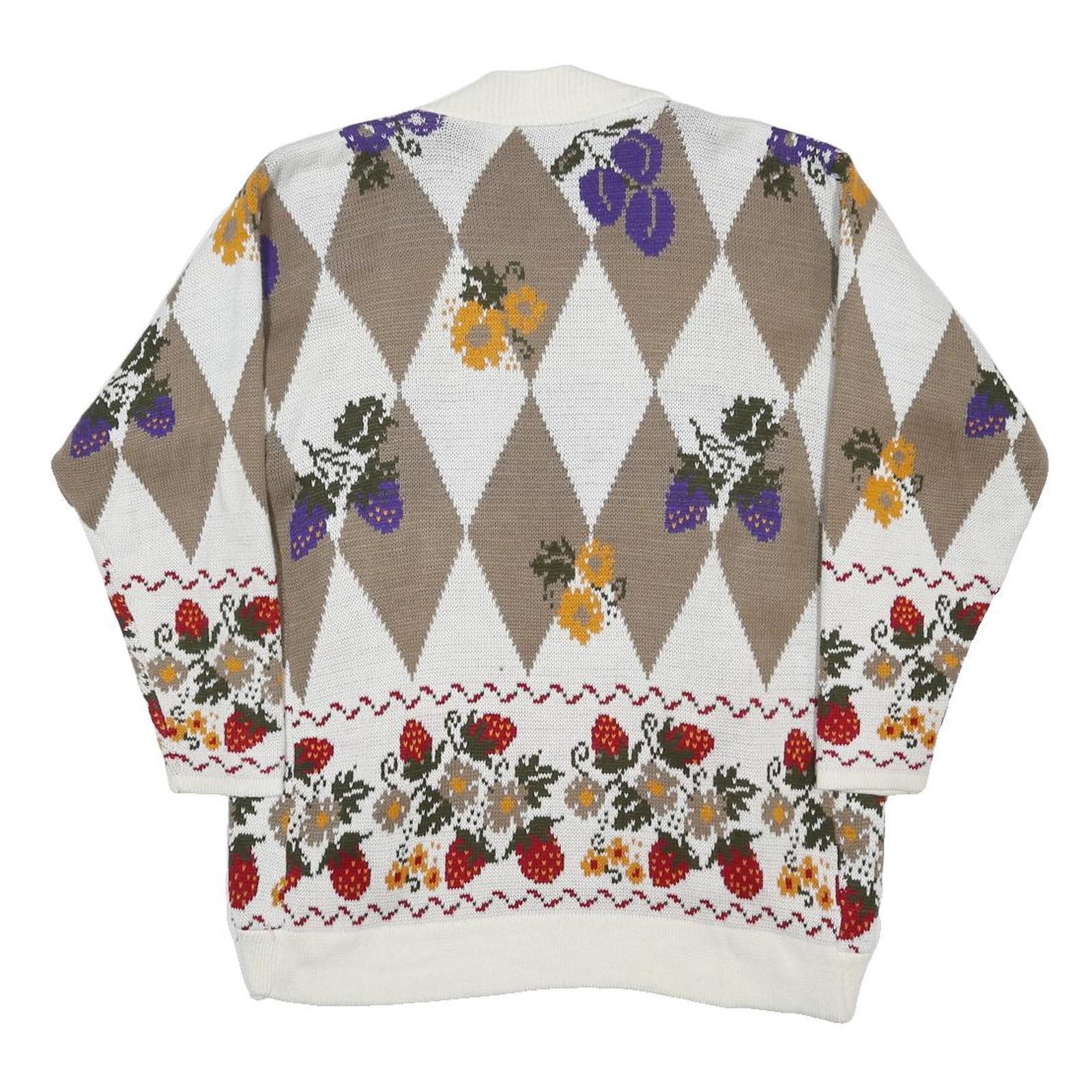 Womens Beige & White Floral Argyle Open Front Acrylic Jumper L Knitted Cardigan