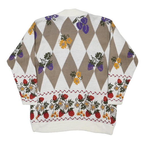 Womens Beige & White Floral Argyle Open Front Acrylic Jumper L Knitted Cardigan