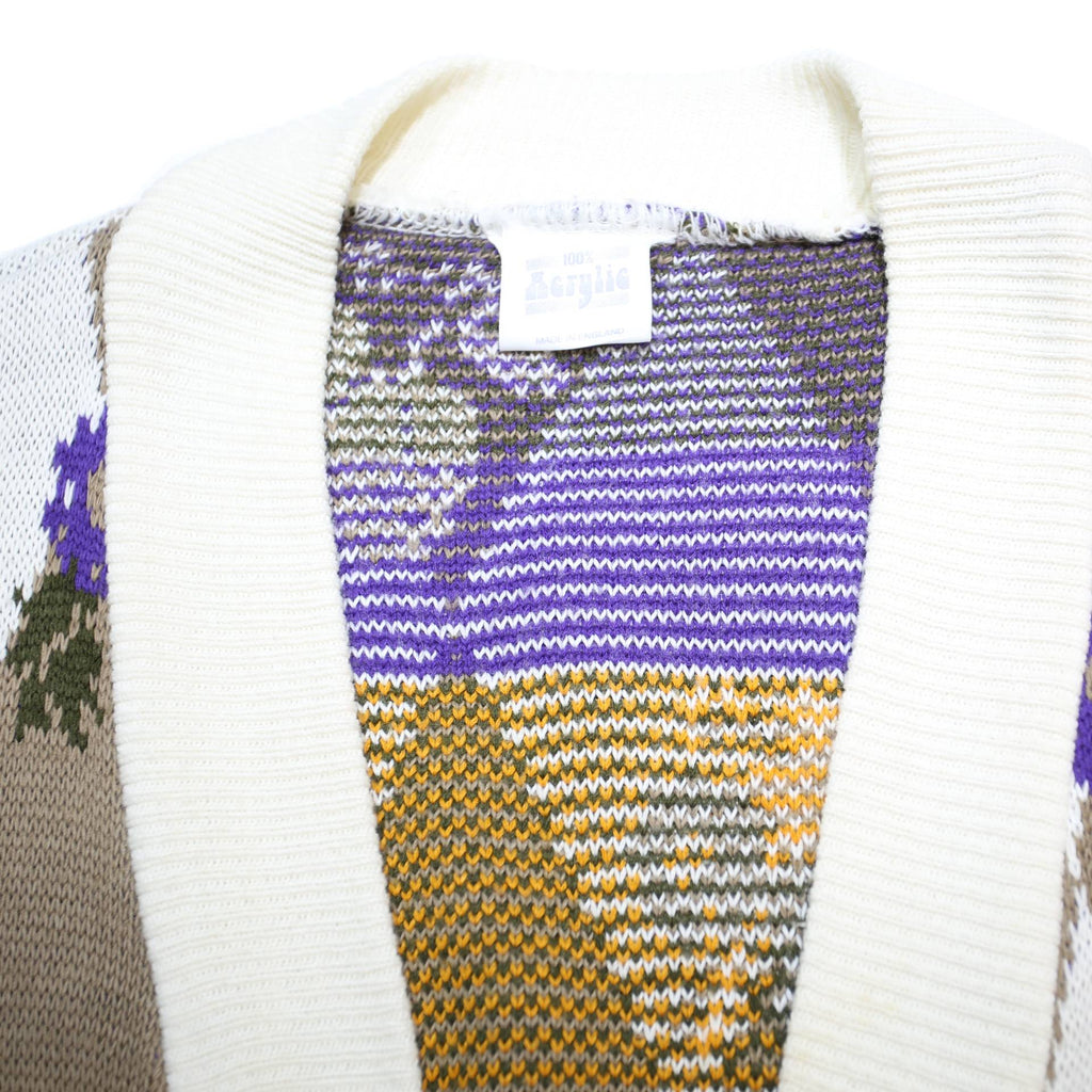 Womens Beige & White Floral Argyle Open Front Acrylic Jumper L Knitted Cardigan