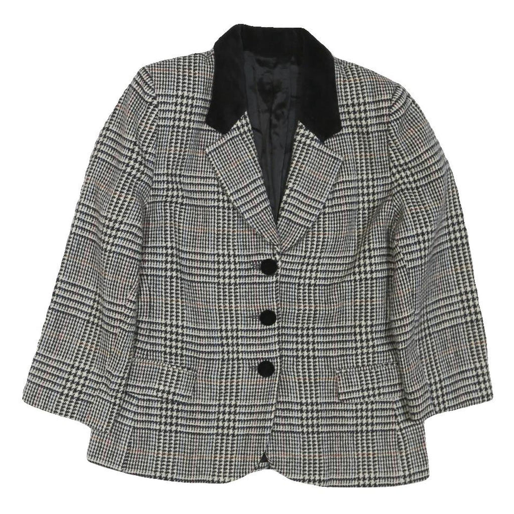 Womens Black White Checked Wool Button Jacket M Tailored Classic Collar