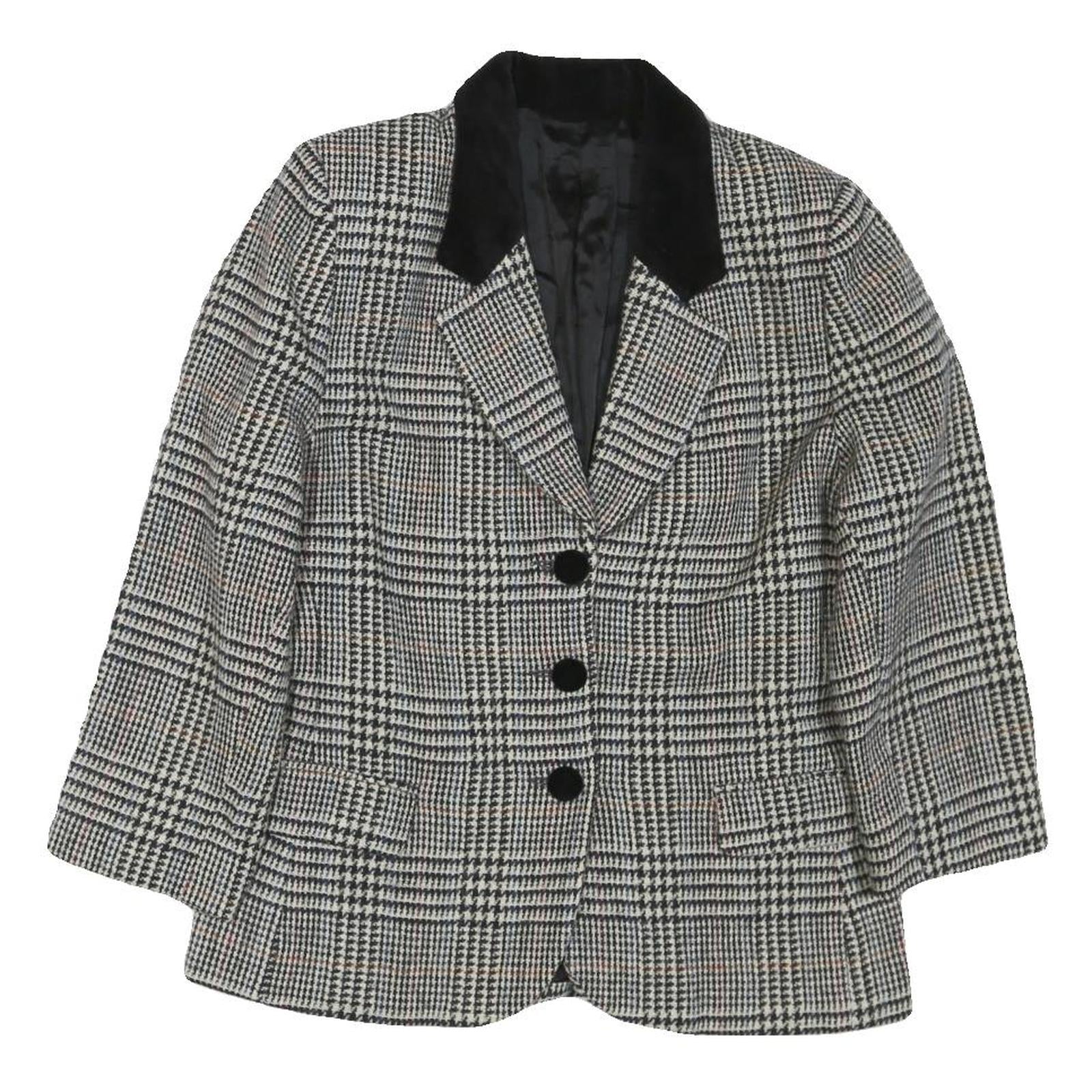 Womens Black White Checked Wool Button Jacket M Tailored Classic Collar