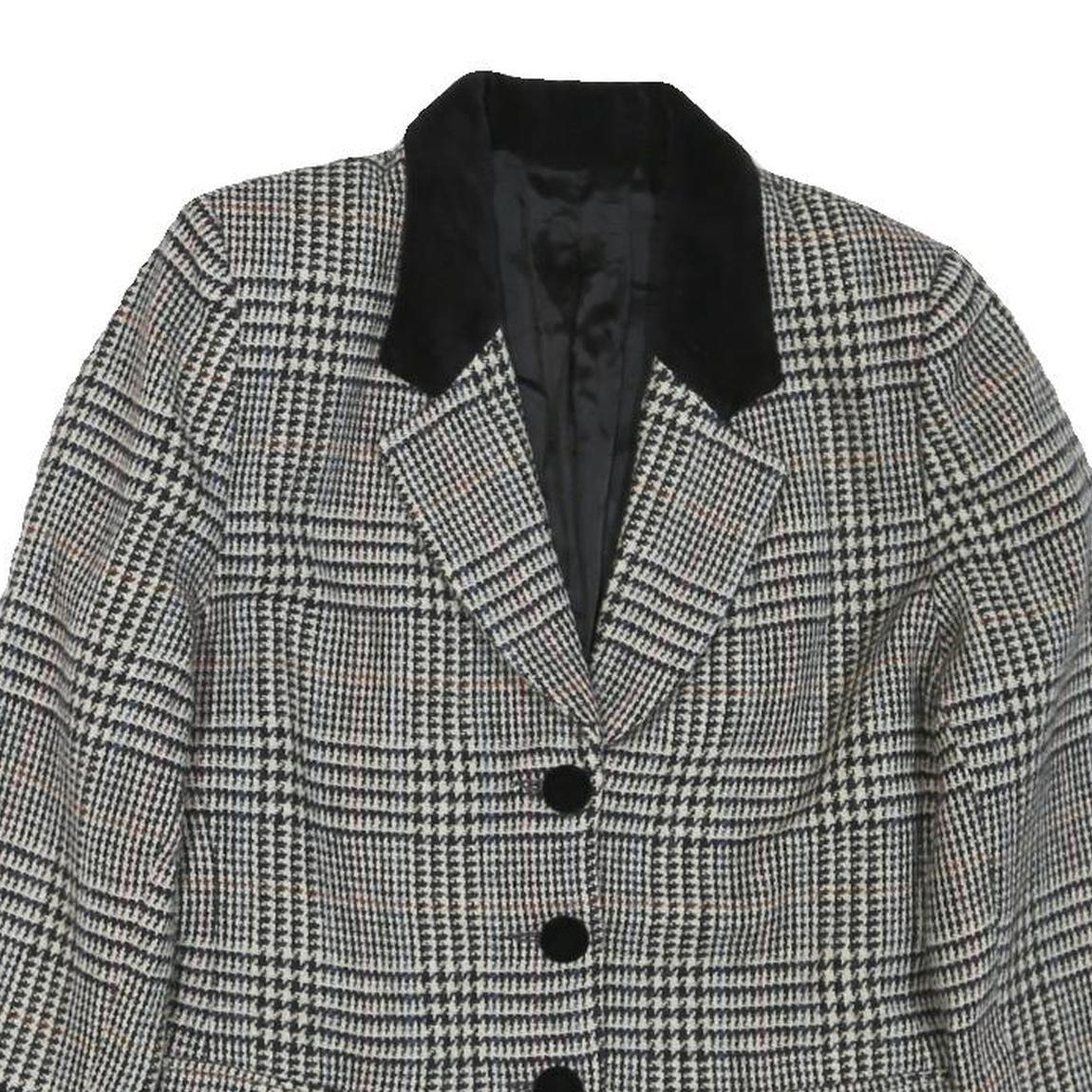 Womens Black White Checked Wool Button Jacket M Tailored Classic Collar