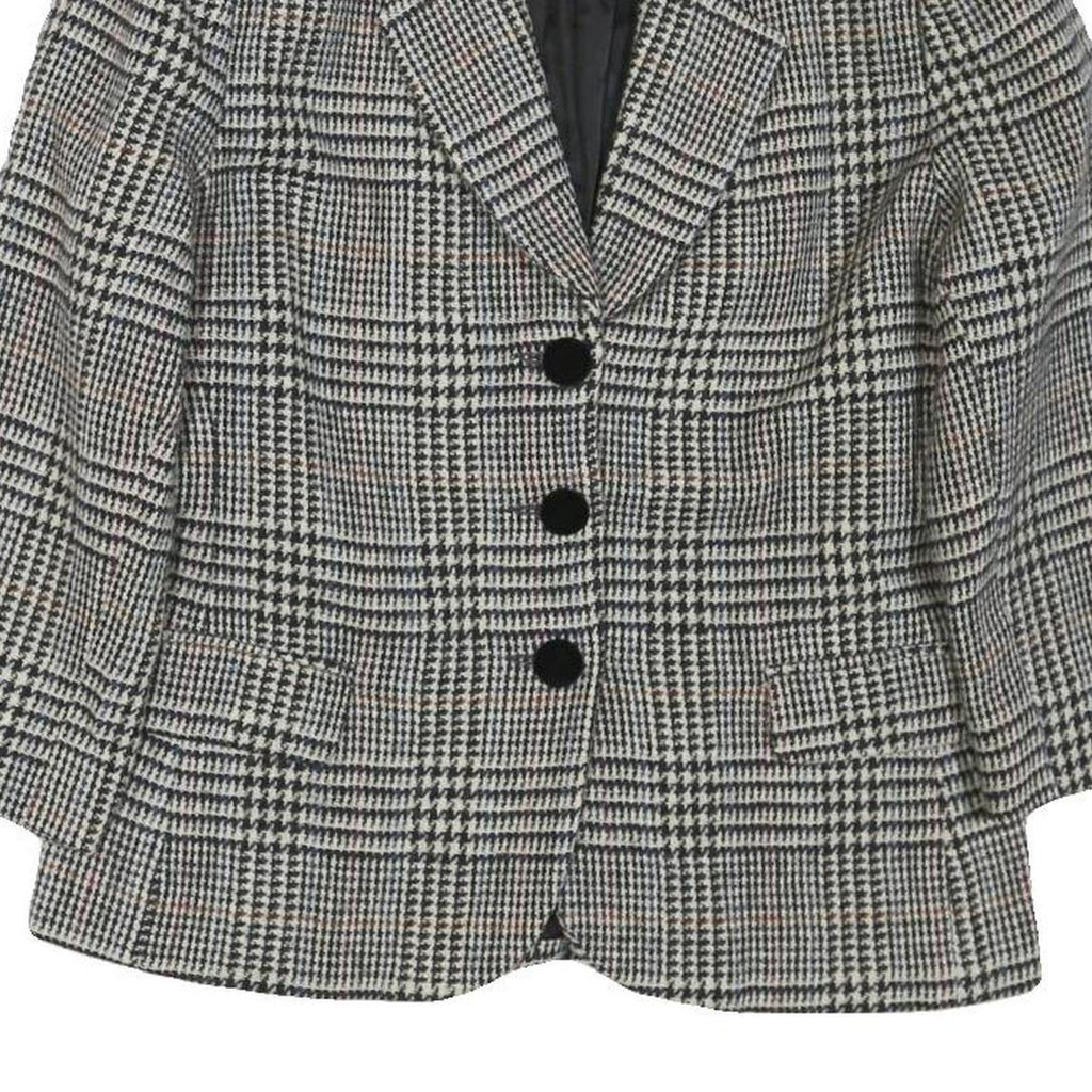 Womens Black White Checked Wool Button Jacket M Tailored Classic Collar