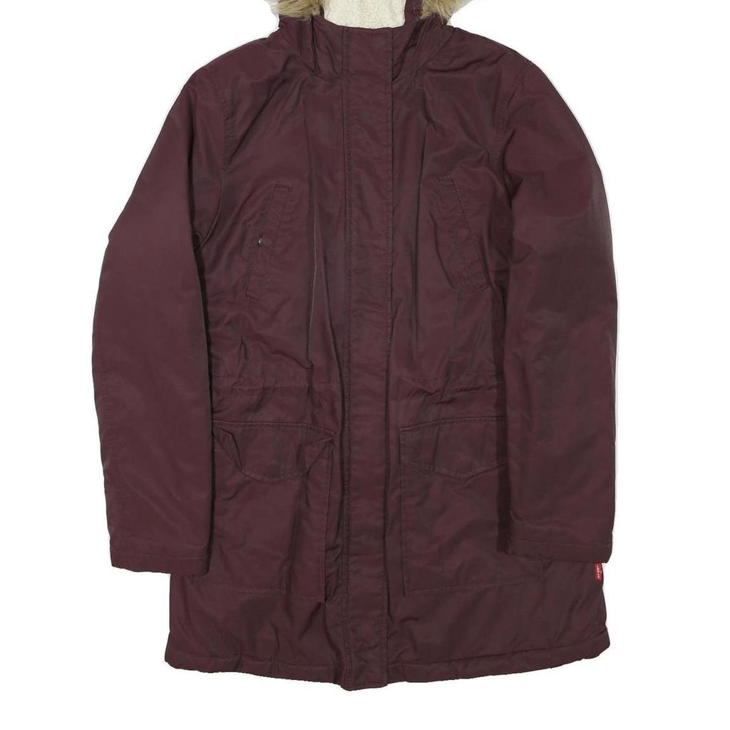 LEVI'S Womens Maroon Zip Jacket M Polyester Blend Plain Winter Parka Coat Hooded