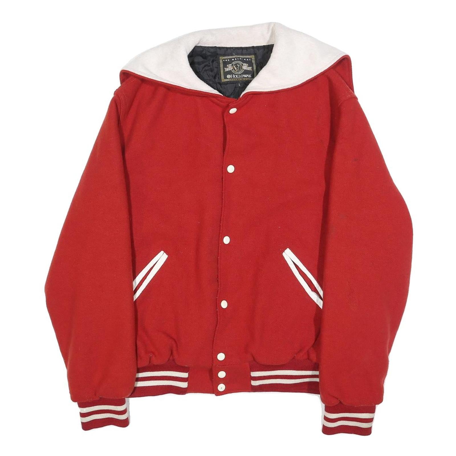 HOLLOWAY Womens Red & White Button Jacket L Wool Casual Varsity Style