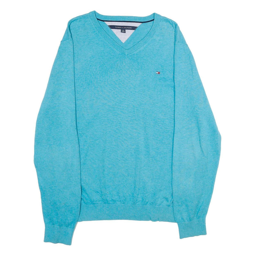 TOMMY HILFIGER Mens Blue Plain V-Neck Basic Knit Jumper XL Cotton Lightweight
