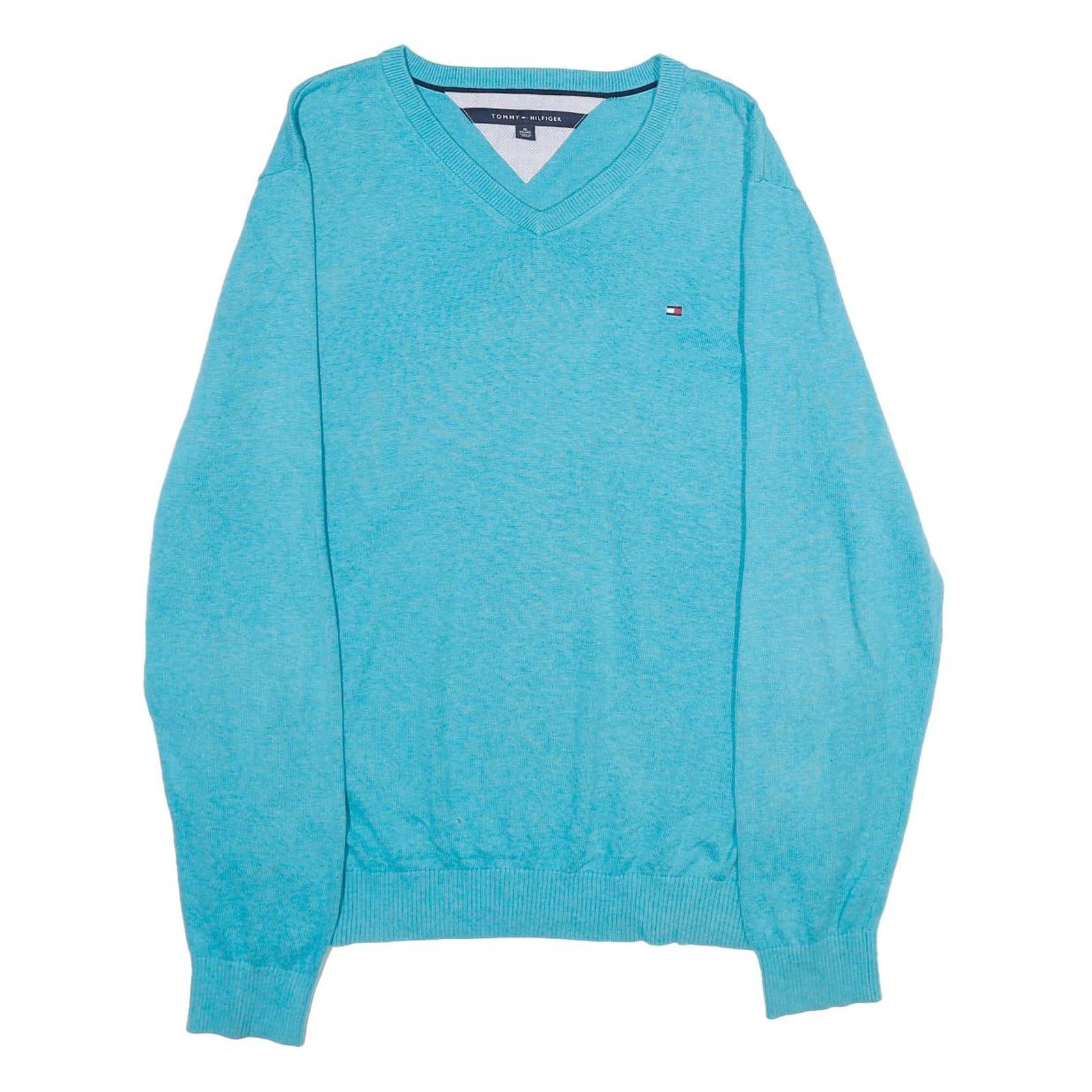 TOMMY HILFIGER Mens Blue Plain V-Neck Basic Knit Jumper XL Cotton Lightweight