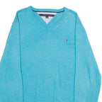 TOMMY HILFIGER Mens Blue Plain V-Neck Basic Knit Jumper XL Cotton Lightweight