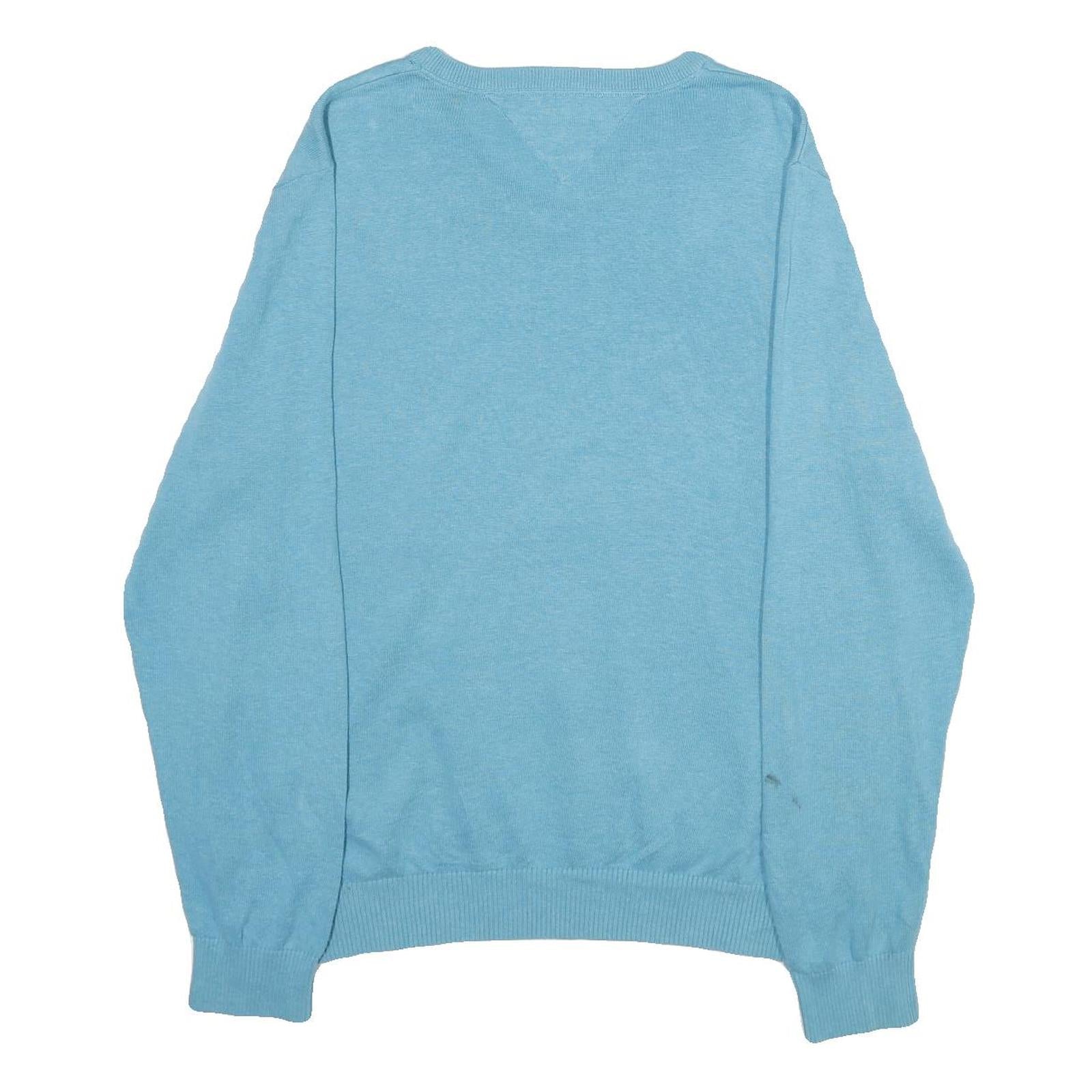 TOMMY HILFIGER Mens Blue Plain V-Neck Basic Knit Jumper XL Cotton Lightweight