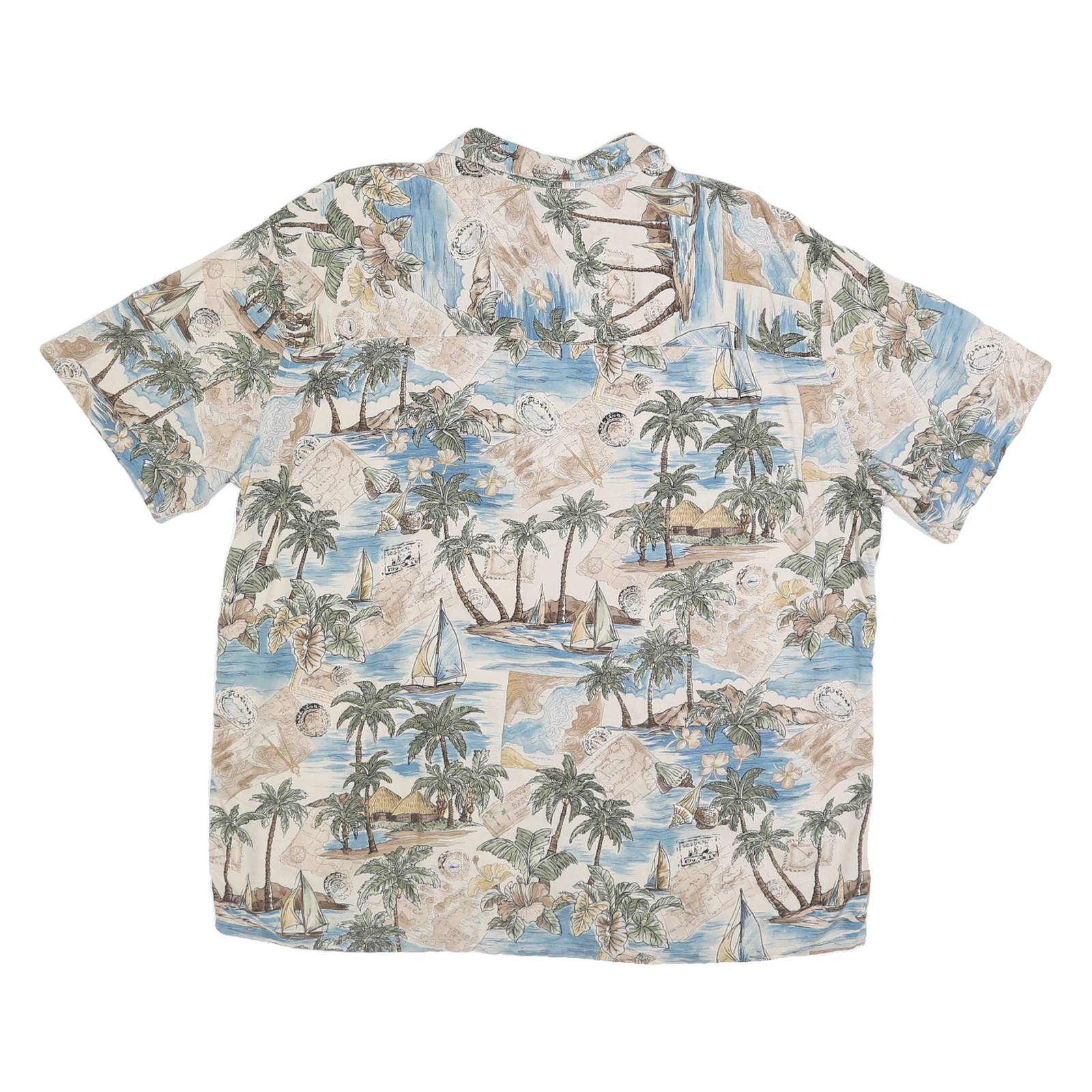 ISLAND SHORES Mens Beige & Blue Rayon Hawaiian Shirt XL Tropical Palm Print