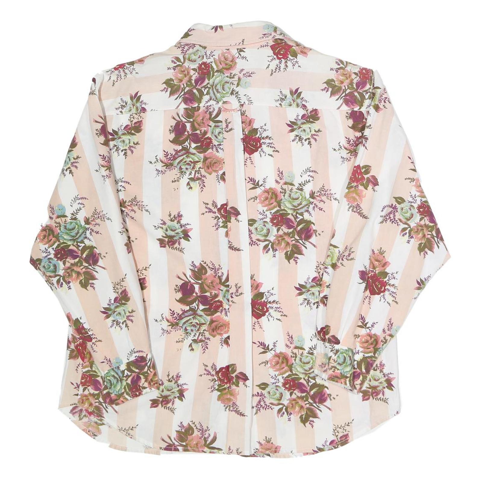 Womens Cream & Pink Floral Printed Shirt Long Sleeve Collared Cotton Blend L