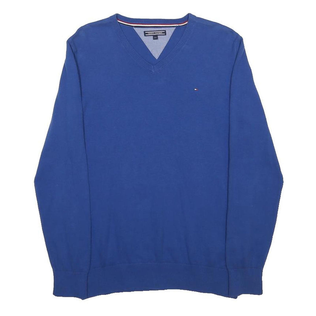 TOMMY HILFIGER Boys Blue Plain V-Neck Basic Knit Jumper L Cotton Blend