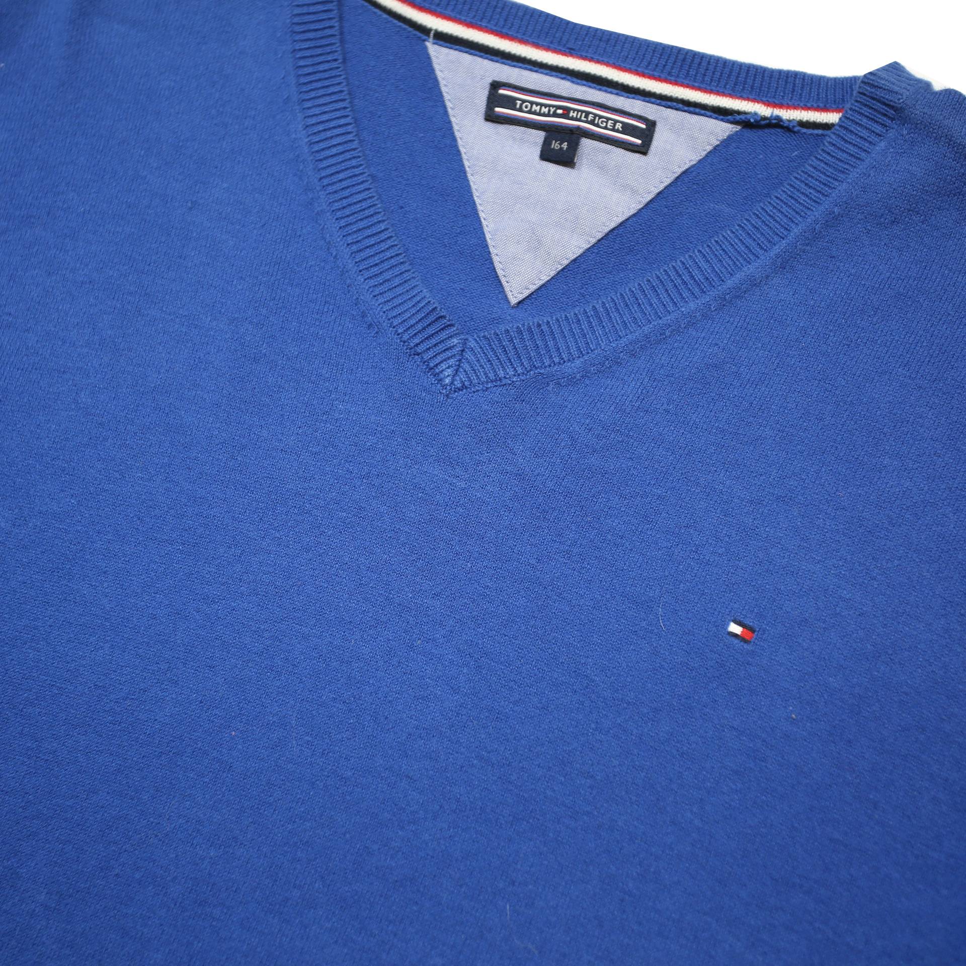 TOMMY HILFIGER Boys Blue Plain V-Neck Basic Knit Jumper L Cotton Blend