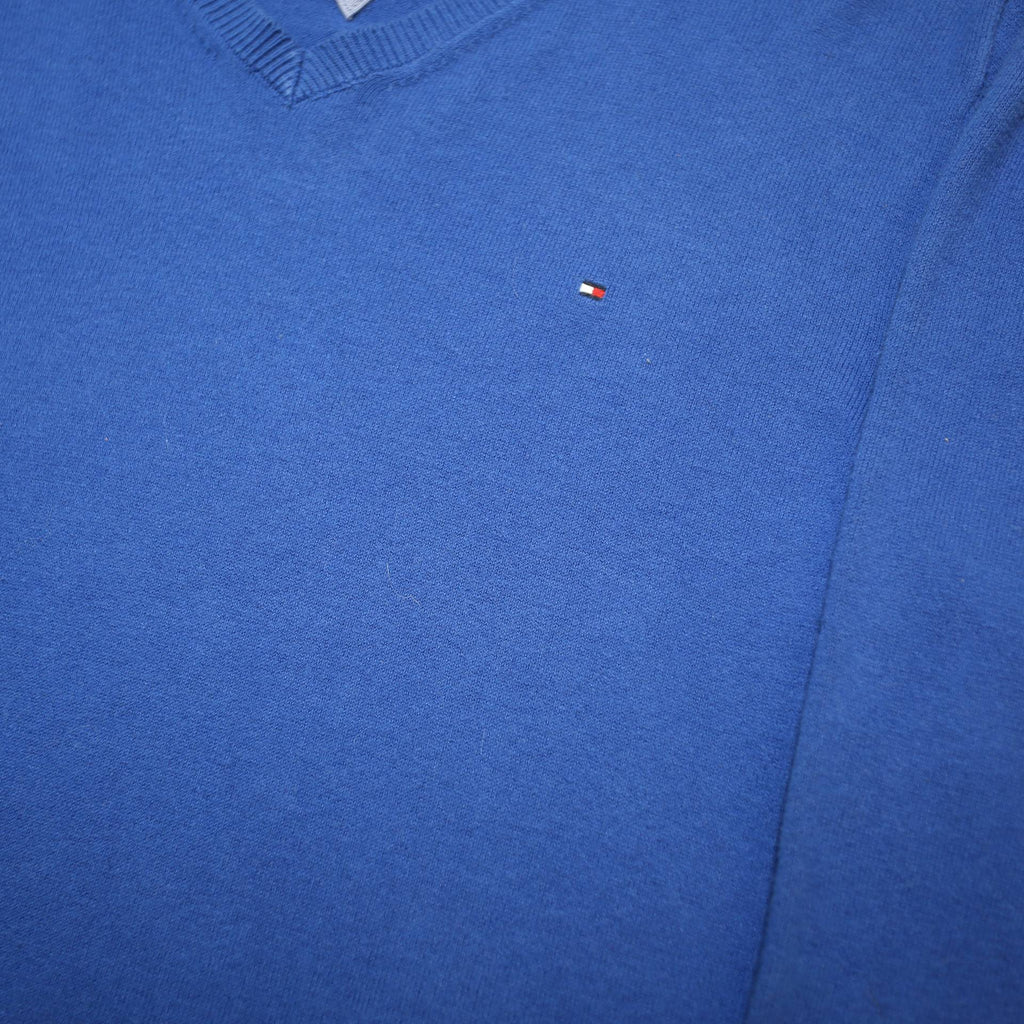TOMMY HILFIGER Boys Blue Plain V-Neck Basic Knit Jumper L Cotton Blend