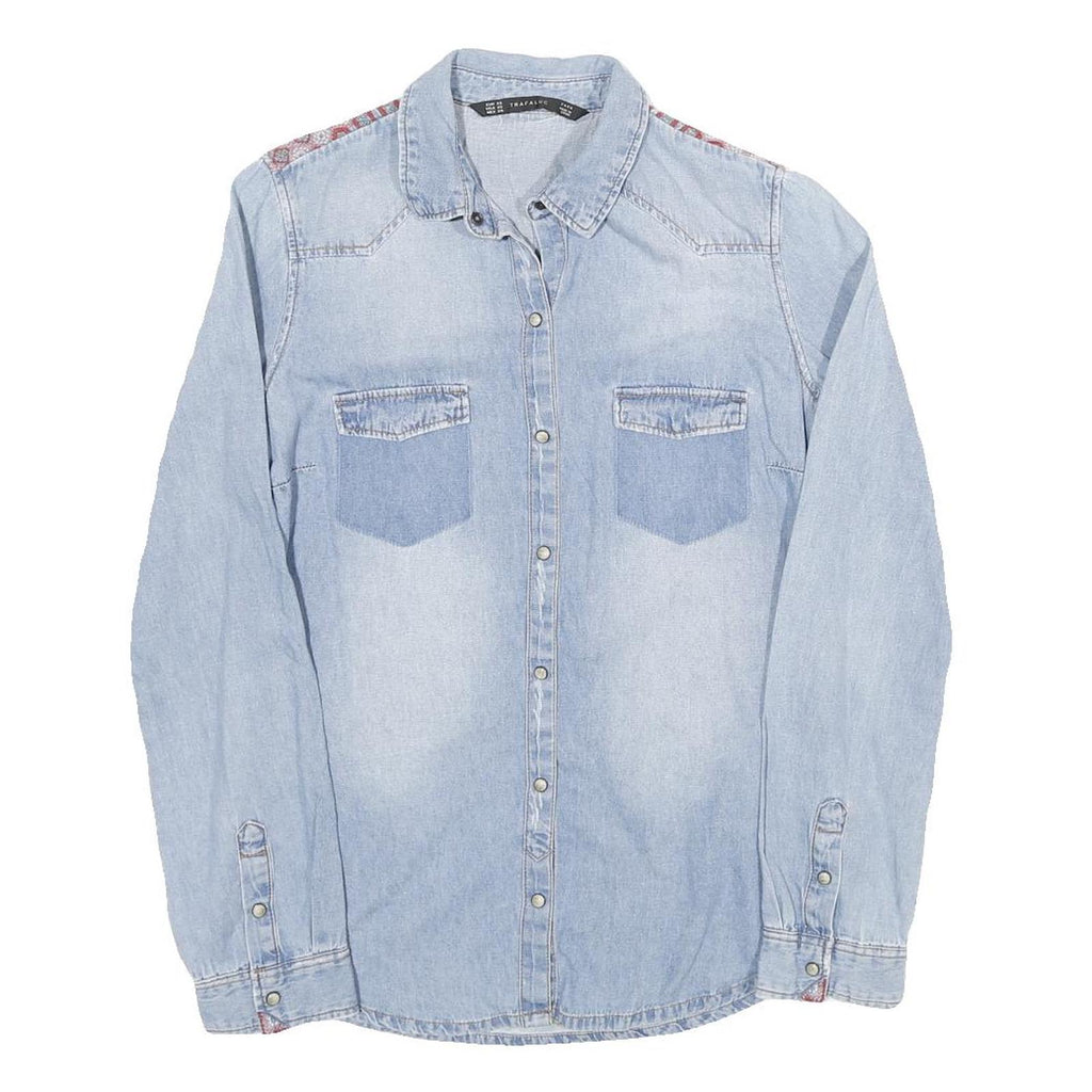 ZARA Womens Blue Denim Shirt Long Sleeve Collared XS Embroidered Yoke