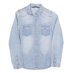 ZARA Womens Blue Denim Shirt Long Sleeve Collared XS Embroidered Yoke