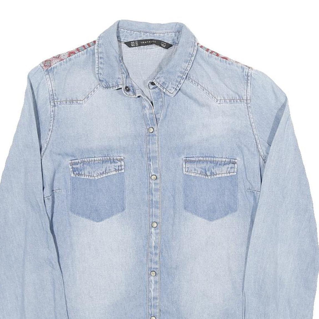 ZARA Womens Blue Denim Shirt Long Sleeve Collared XS Embroidered Yoke