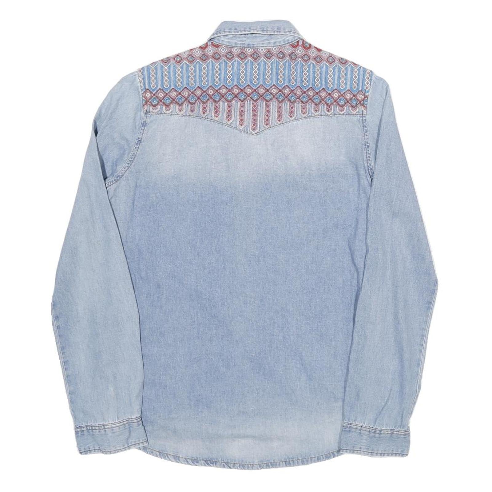 ZARA Womens Blue Denim Shirt Long Sleeve Collared XS Embroidered Yoke