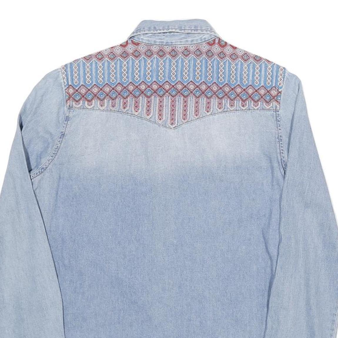 ZARA Womens Blue Denim Shirt Long Sleeve Collared XS Embroidered Yoke
