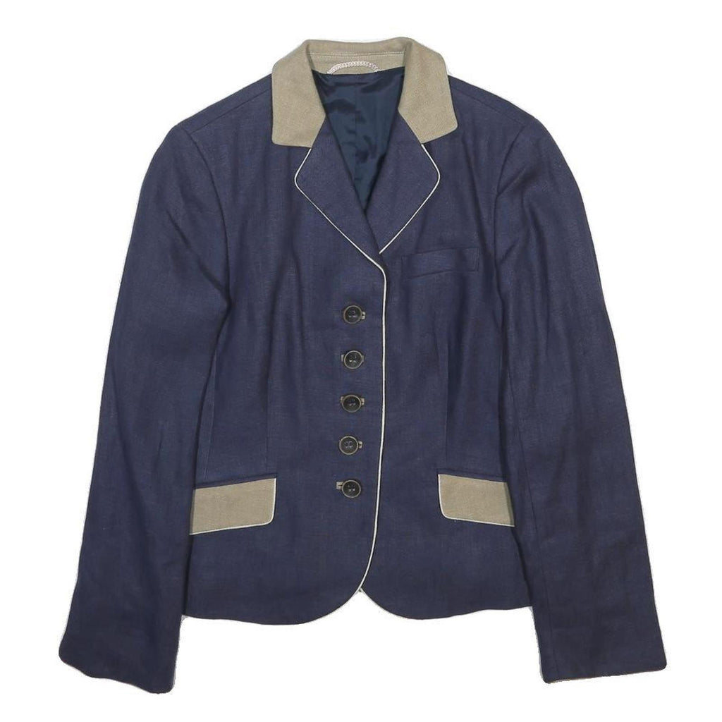BAUER Womens Navy Blue & Beige Woven Button Jacket UK 16 Classic Tailored Blazer