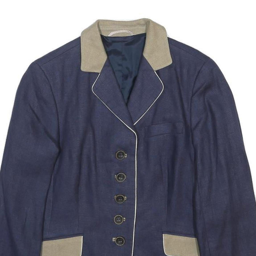 BAUER Womens Navy Blue & Beige Woven Button Jacket UK 16 Classic Tailored Blazer