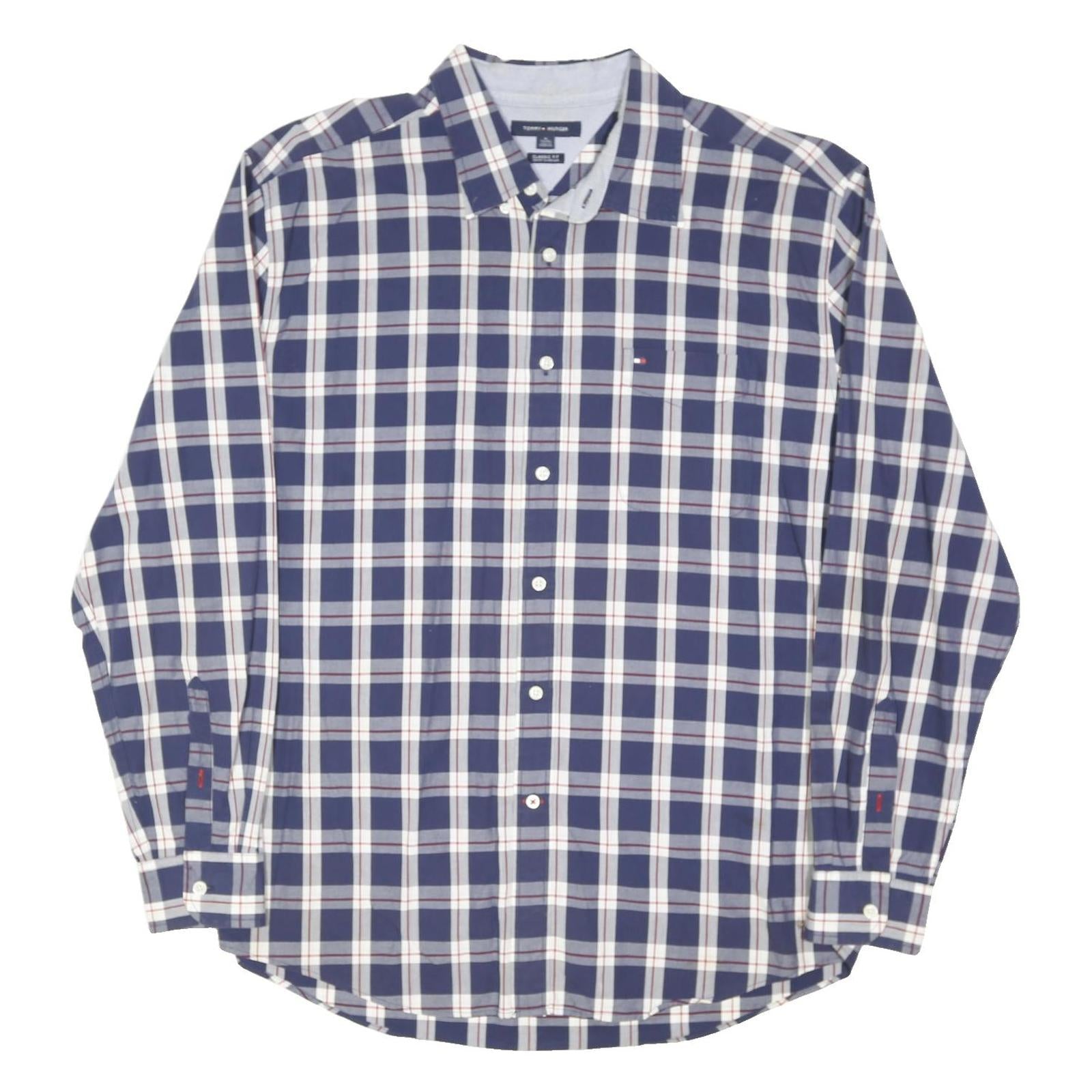 TOMMY HILFIGER Mens Blue & White Check Shirt XL Classic Casual Button Down