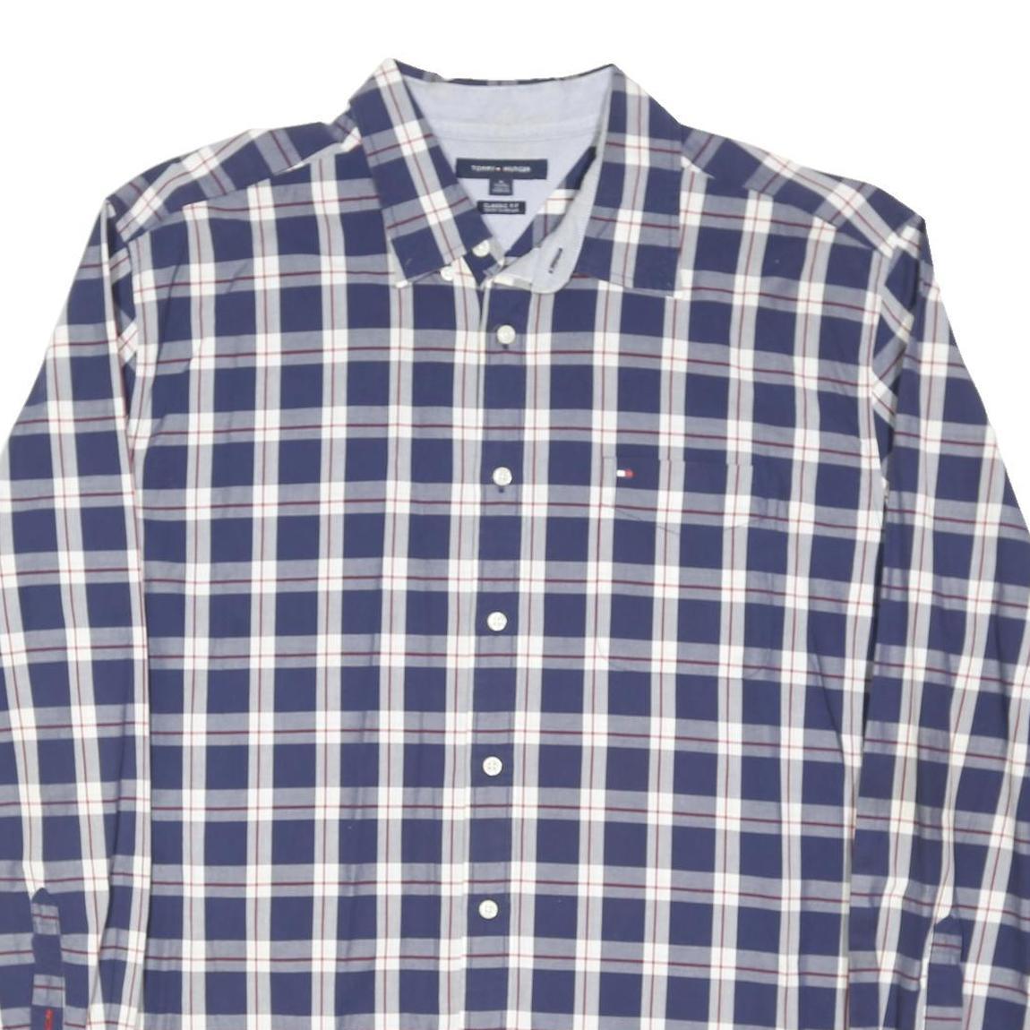 TOMMY HILFIGER Mens Blue & White Check Shirt XL Classic Casual Button Down
