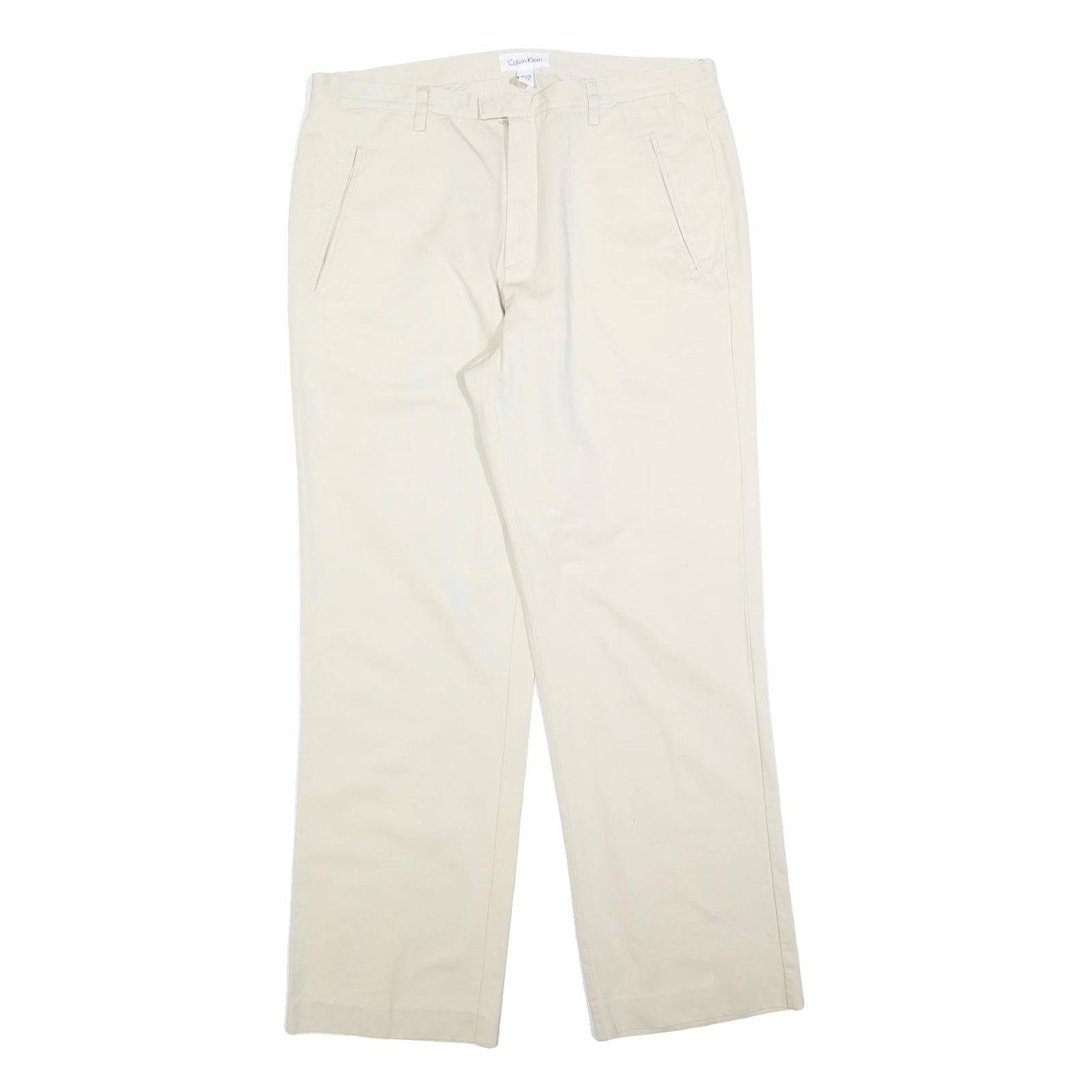CALVIN KLEIN Mens Regular Fit Beige Cotton Blend Trousers W36 L32 Classic Zip