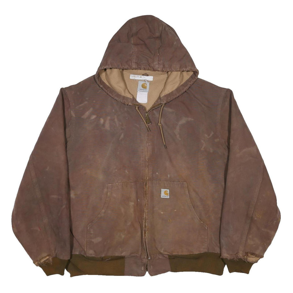 CARHARTT Mens Brown Hooded Workwear Jacket XL Cotton Canvas Plain Zip Relaxed