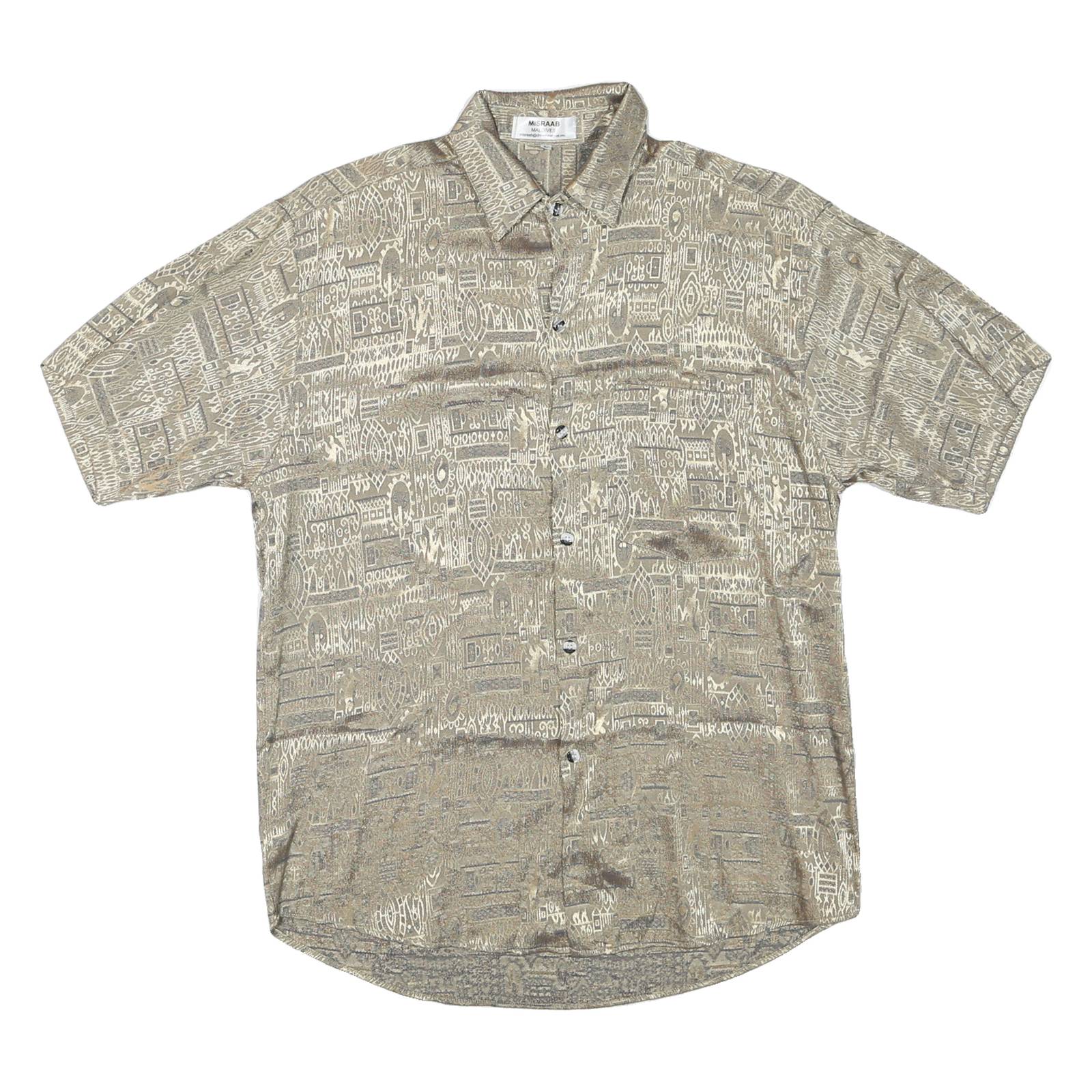 MISRAAB Mens Beige Patterned Shirt L Short Sleeve Button Polyester Blend Casual