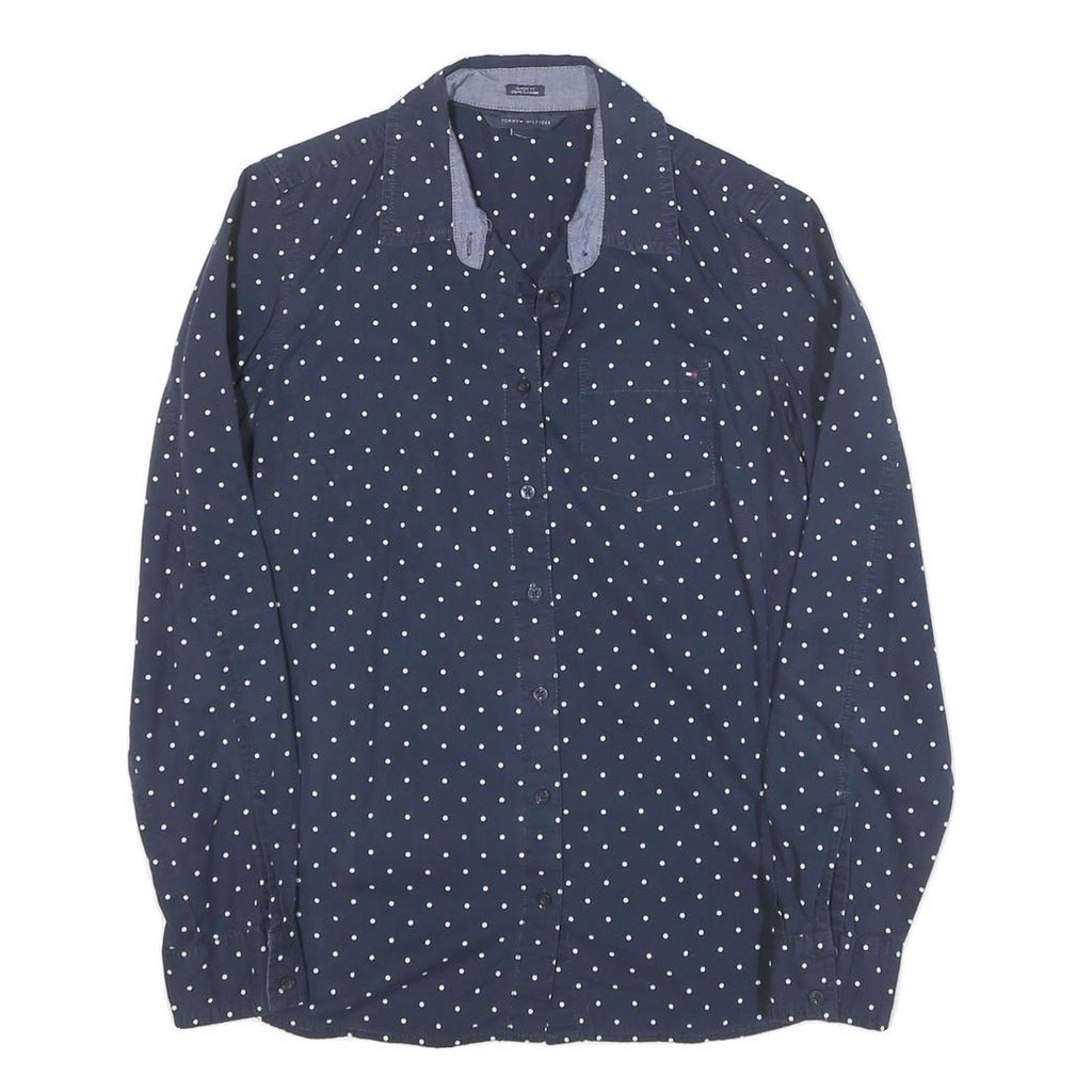 TOMMY HILFIGER Womens Blue & White Polka Dot Shirt S Cotton Blend Long Sleeve