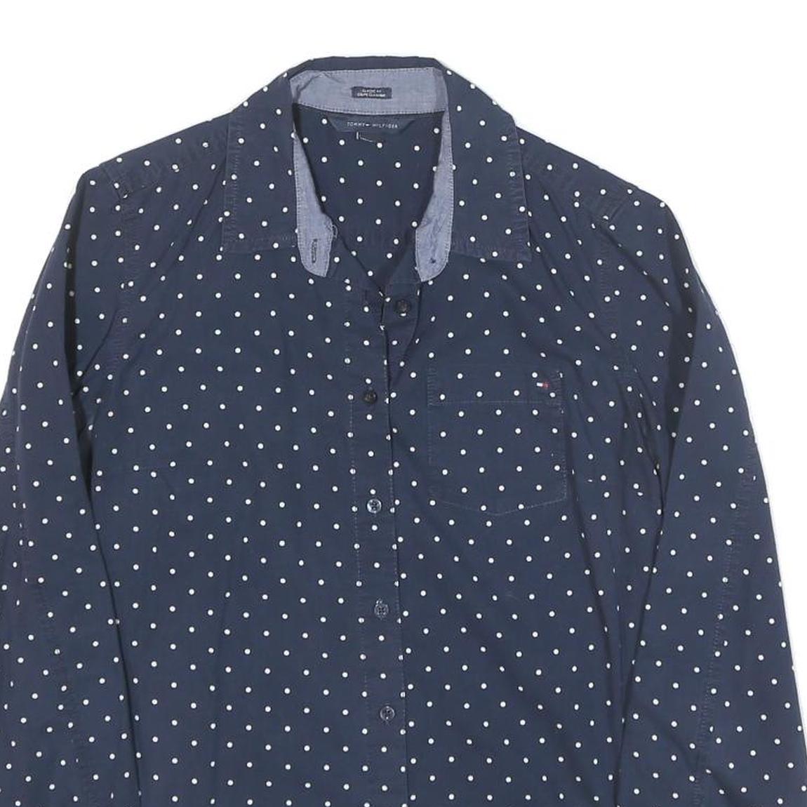 TOMMY HILFIGER Womens Blue & White Polka Dot Shirt S Cotton Blend Long Sleeve