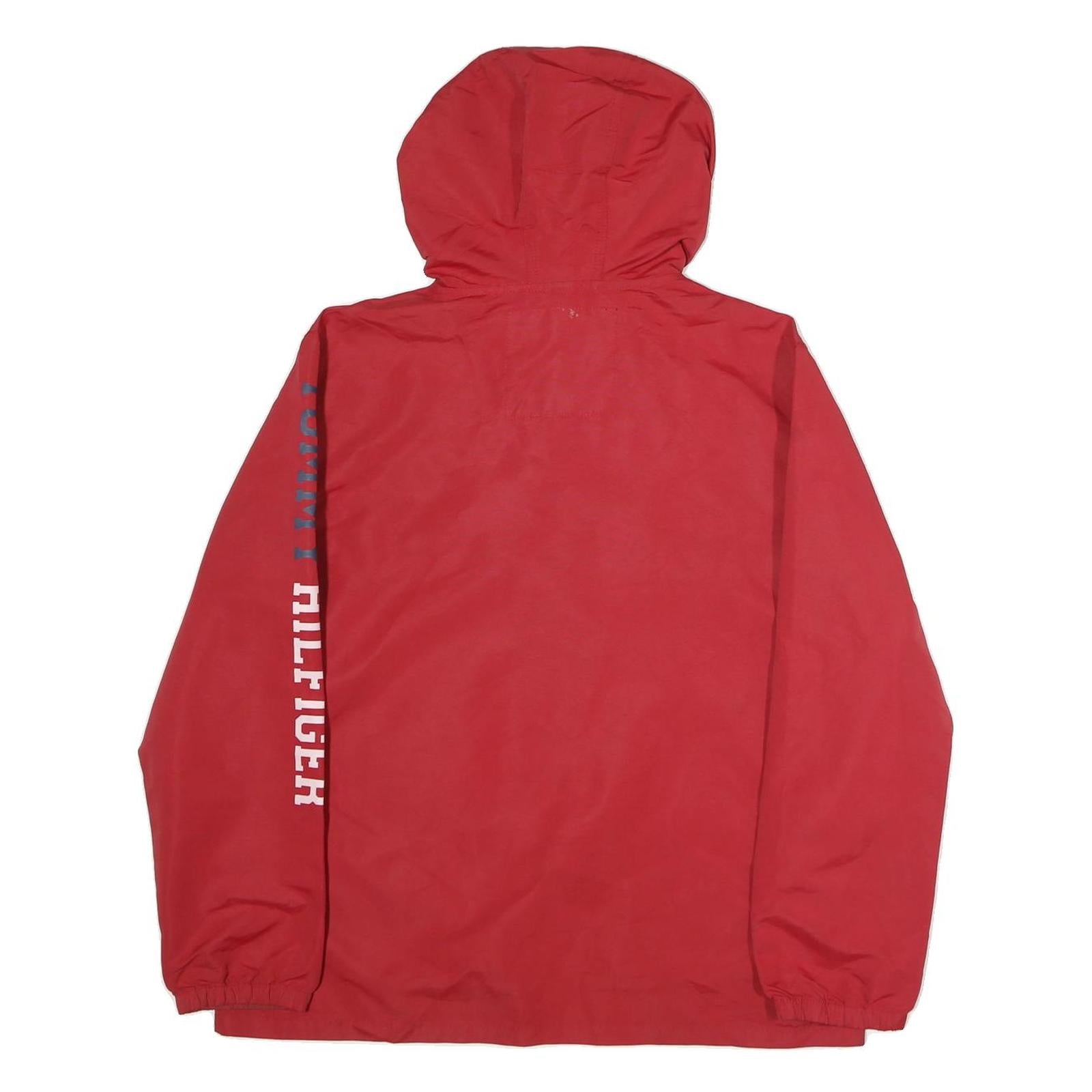 TOMMY HILFIGER Mens Red Zip Hooded Jacket XL Polyester Plain Casual Streetwear