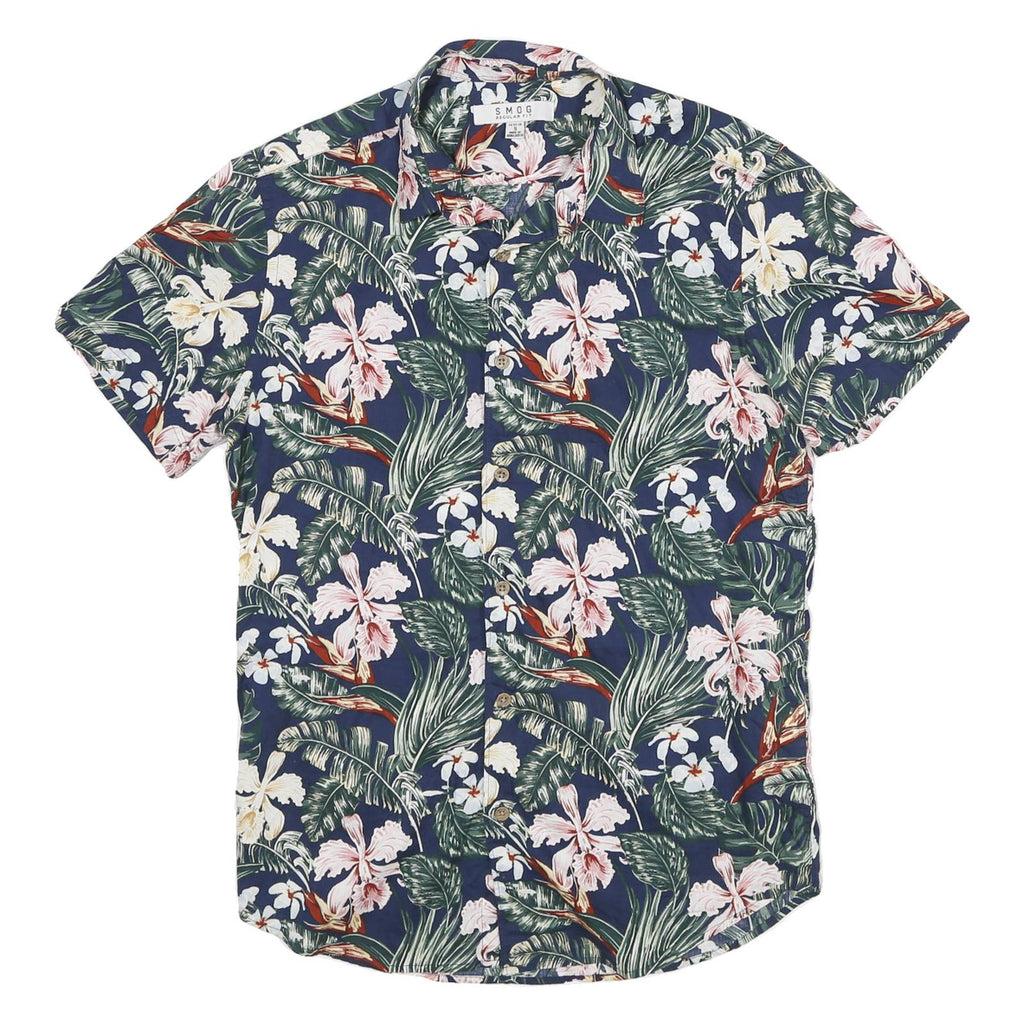 SMOG Mens Blue Floral Print Short Sleeve Shirt S Summer Casual Cotton Blend