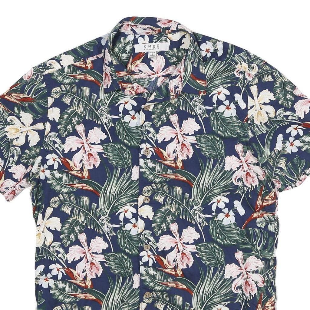 SMOG Mens Blue Floral Print Short Sleeve Shirt S Summer Casual Cotton Blend