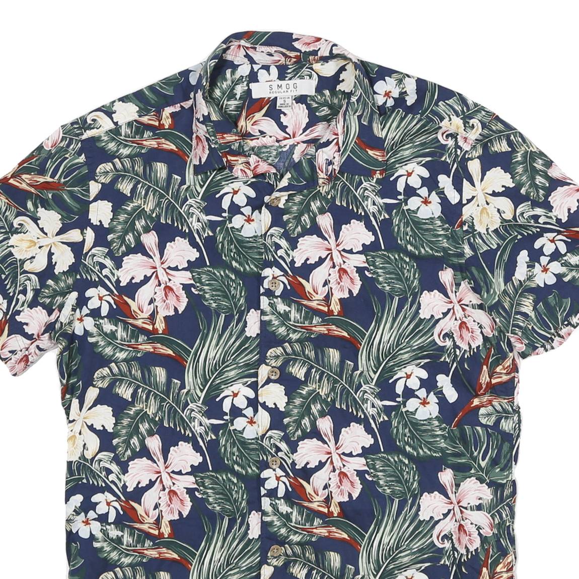 SMOG Mens Blue Floral Print Short Sleeve Shirt S Summer Casual Cotton Blend