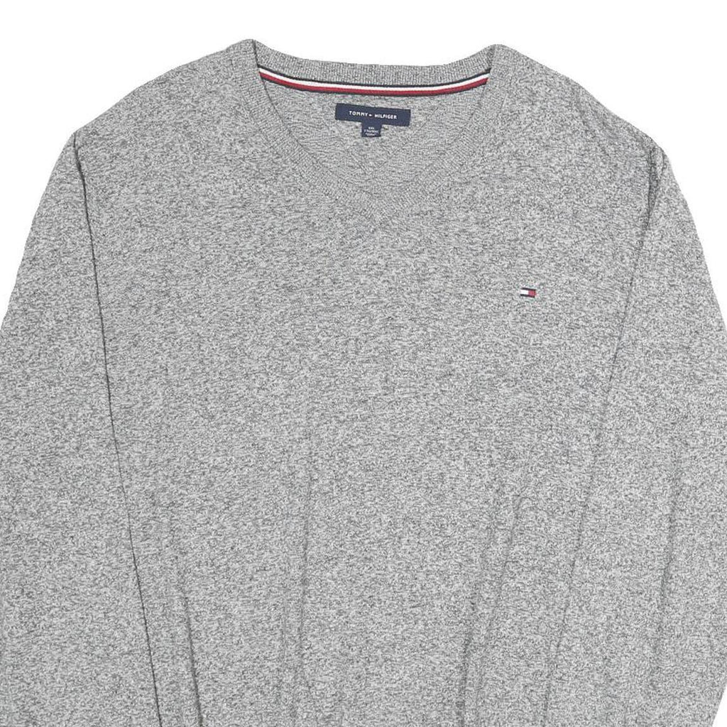 TOMMY HILFIGER Mens Grey Plain Cotton Jumper V-Neck Basic Knit 2XL Casual